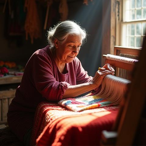 Retrato de la Maestra Artesana Elena, tejiendo un rebozo en su telar