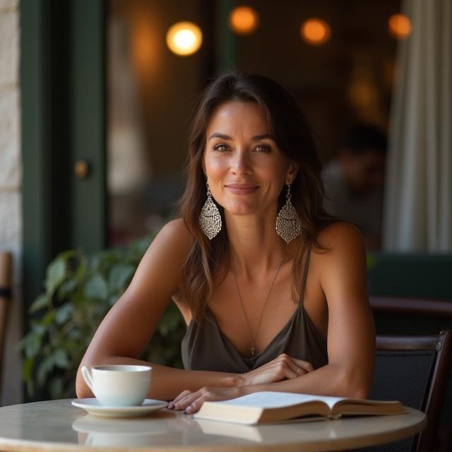Mujer vistiendo aretes de filigrana en un café