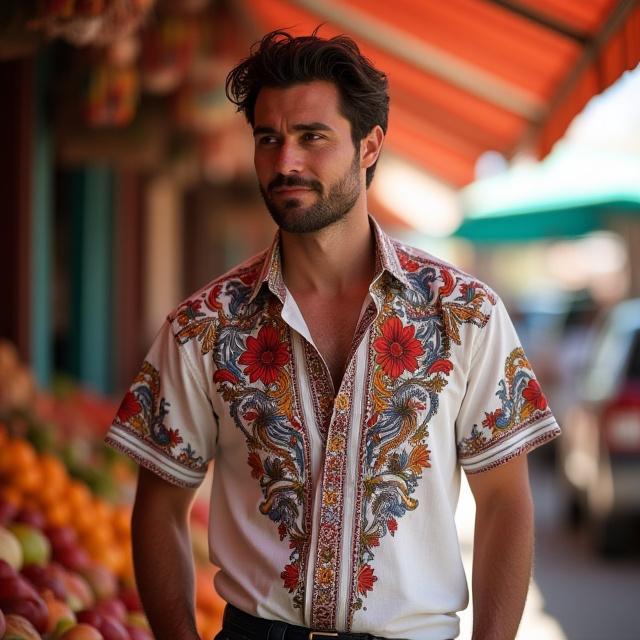 Hombre con una camisa bordada artesanalmente en un mercado