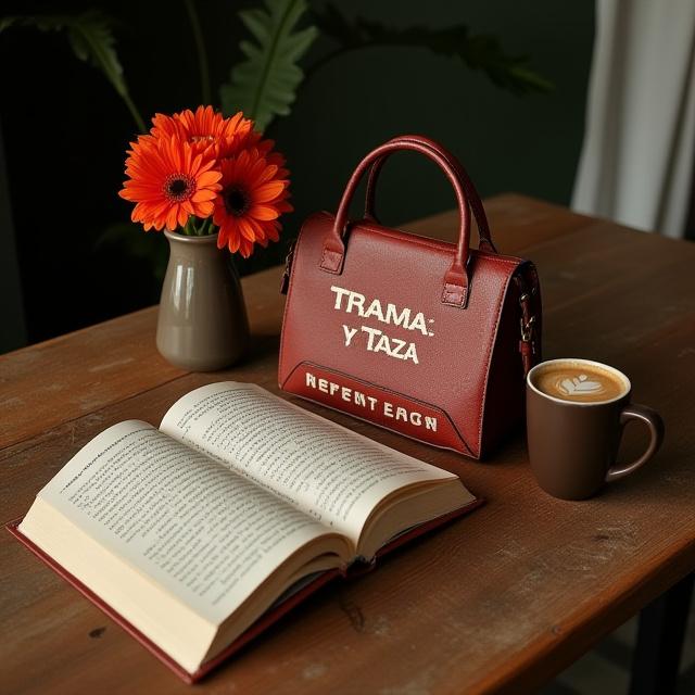 Bolsa artesanal sobre una mesa de café con un libro y flores