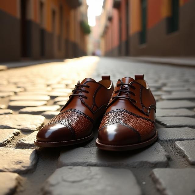 Zapatos de piel con detalles de telar, en una calle adoquinada