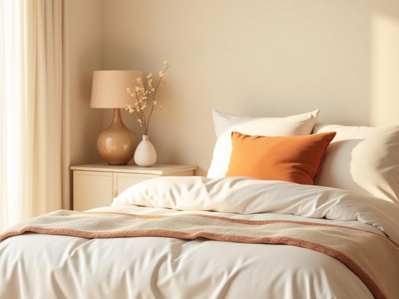 Habitación de hotel boutique con cojines, manta para pie de cama y lámpara de mesa artesanales de Trama y Taza.