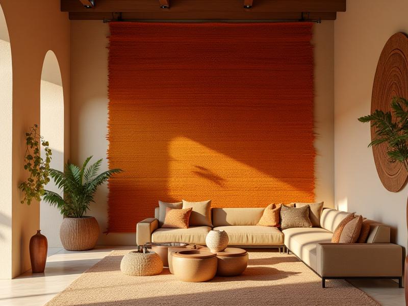 Un gran tapiz de lana en tonos tierra adornando la pared de un lobby de hotel, con muebles de madera artesanal y plantas tropicales.