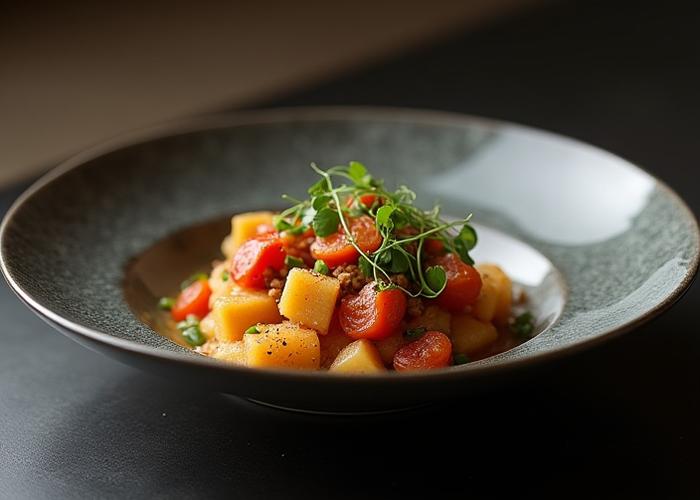 Plato de comida de Pujol servido en una vajilla de cerámica artesanal de Trama y Taza, resaltando su diseño sobrio.