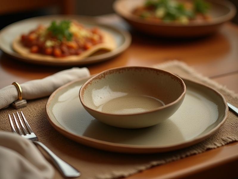 Mesa de restaurante con vajilla de cerámica hecha a mano, individuales tejidos y servilleteros de fibras naturales, con comida mexicana de fondo.