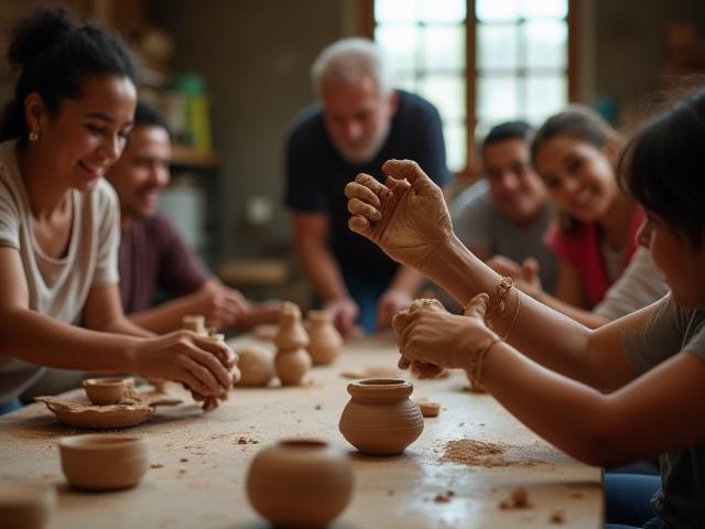 Participantes de un taller de cerámica, sonriendo mientras modelan arcilla, con el maestro observando