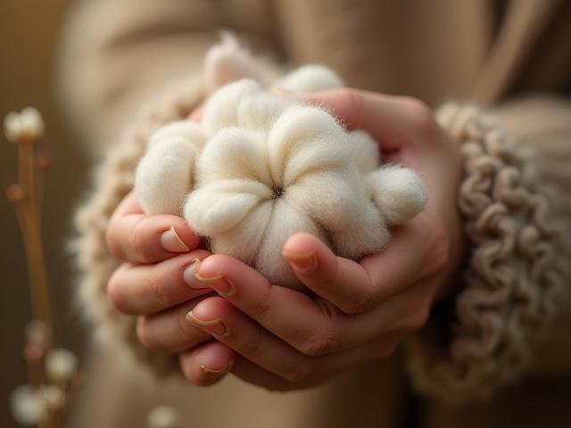 Manos sosteniendo una fibra natural suave, con un fondo desenfocado de elementos orgánicos