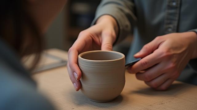 Artesano fotografiando cuidadosamente una pieza de cerámica con iluminación de estudio portátil