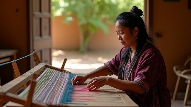 Mujer indígena tejiendo en un telar de cintura en un entorno rústico