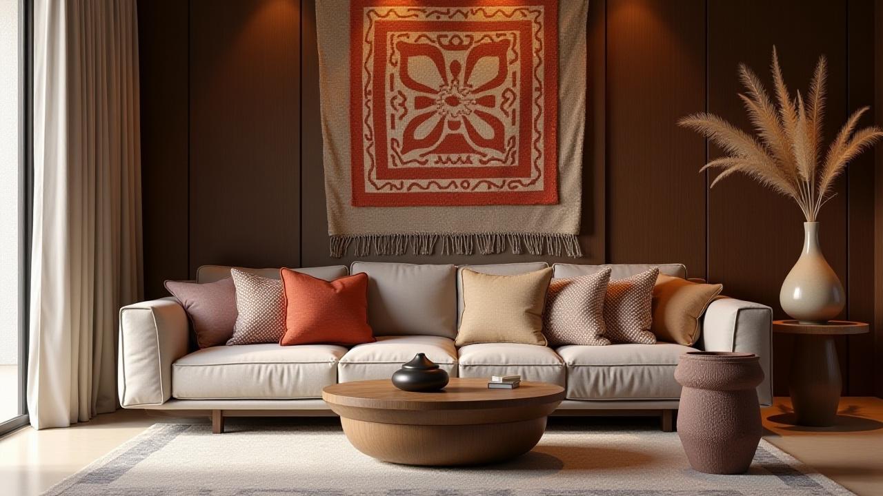 Lobby de hotel boutique decorado con textiles artesanales de Trama y Taza