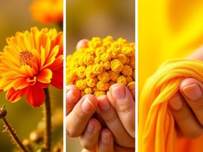 Flores de cempasúchil en plena floración en un mercado mexicano y una tela tejida de color amarillo anaranjado vibrante.