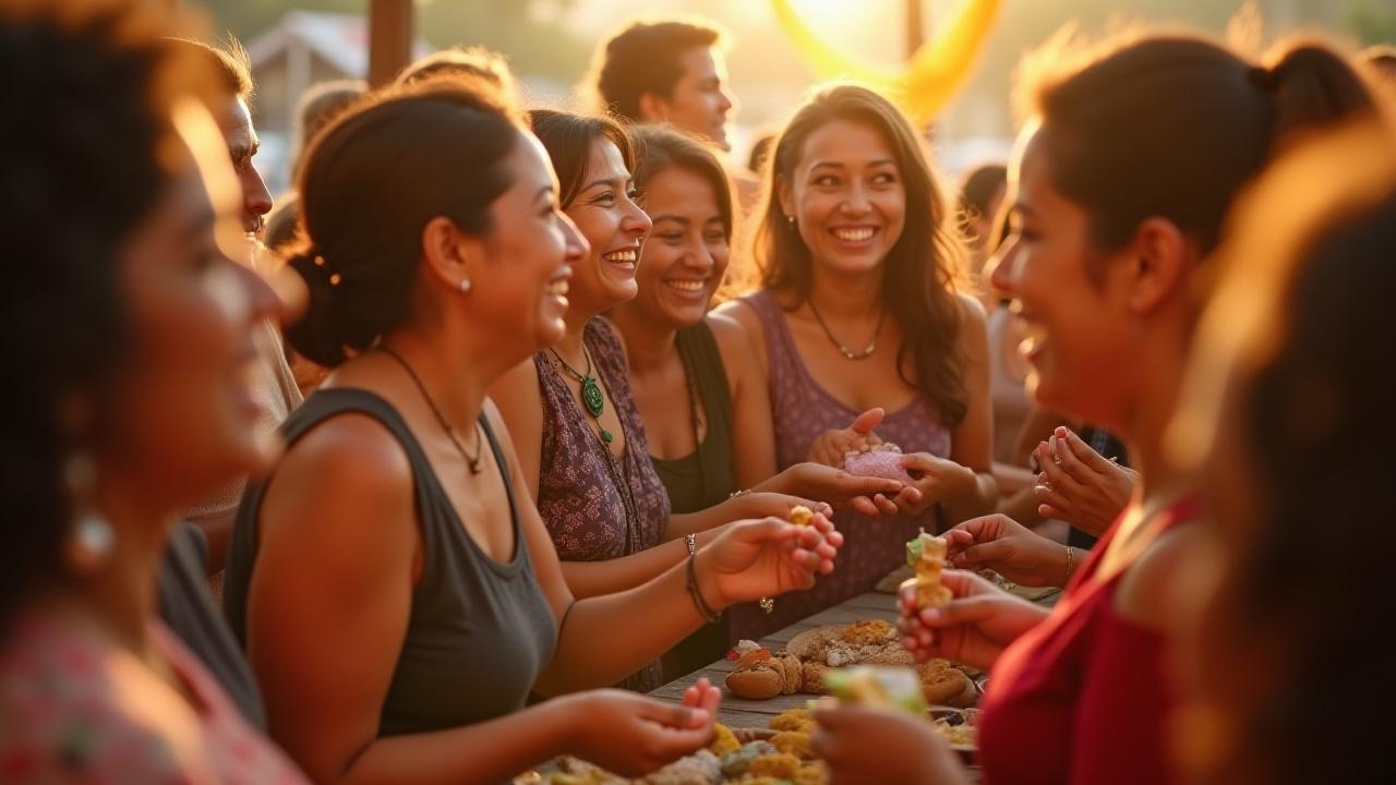 Artesanos de Trama y Taza interactuando en un evento, riendo y colaborando.